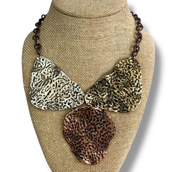 Lucia Mixed Metal Statement Necklace Abstract Hammered Pendant Bold Chain - Picture 1 of 4